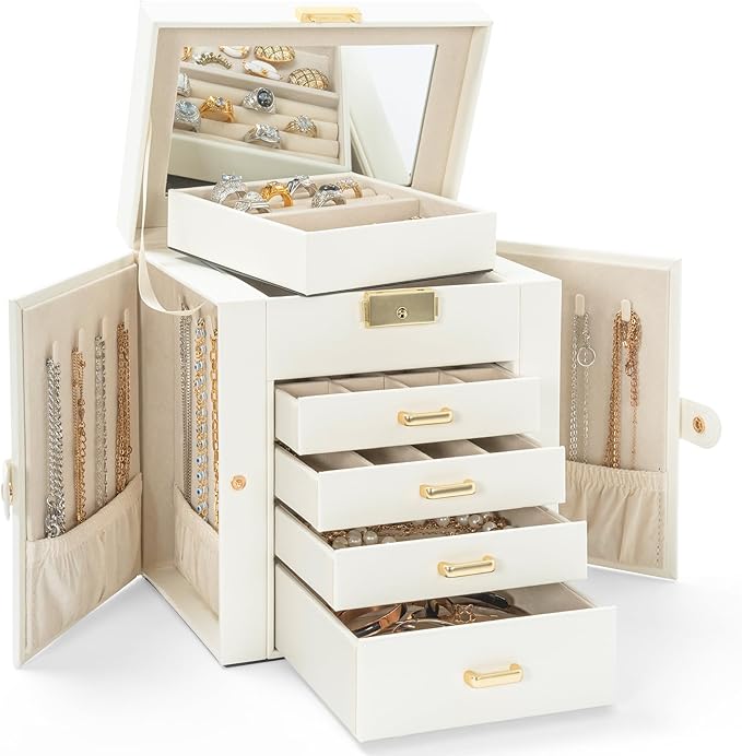 AKOZLIN 5-Tier Jewelry Box Leather Jewelry Storage Organizer with 4 Drawers Lockable for Women Girls Ring Necklace Earring Bracelet Watches Holder with Mirror White-CubbioJoy