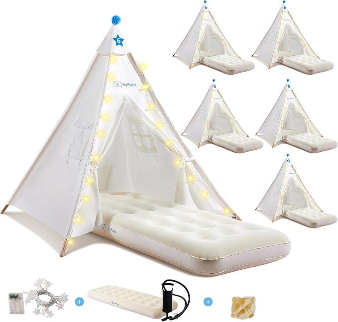 6 Pack Teepee Tent for Kids with Inflatable Airbed, Light, Toddler Tent Children Room Tents, Slumber Party Sleepover Tents, Indoor Outdoor Kids Playtent Playhouse for Girls & Boys-CubbioJoy
