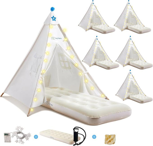 6 Pack Teepee Tent for Kids with Inflatable Airbed, Light, Toddler Tent Children Room Tents, Slumber Party Sleepover Tents, Indoor Outdoor Kids Playtent Playhouse for Girls & Boys-CubbioJoy