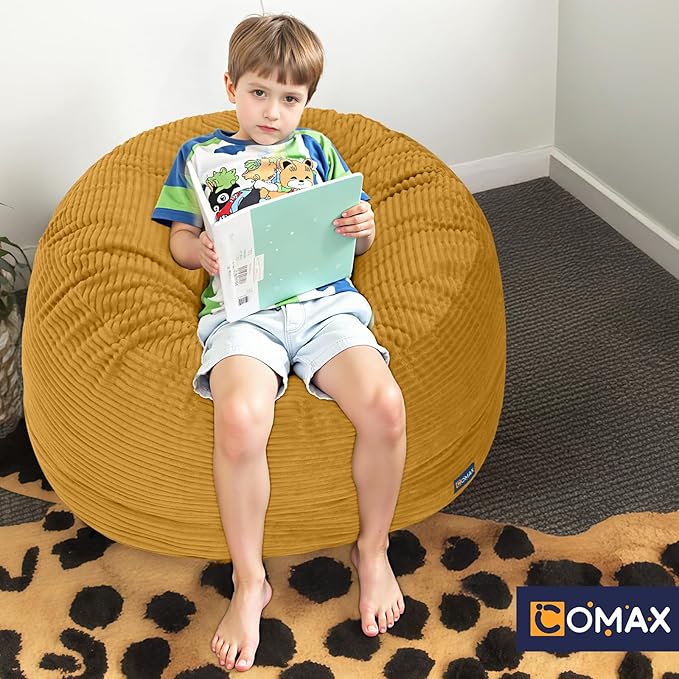COMAX Kids Bean Bag Chair Turn into Beanbag Bed, Toddler Bean Chair Corduroy for Girl Boy Sleeping, Lazy Children Bean Bags with Filler, Convertible Child Floor Mattress, Yellow-CubbioJoy