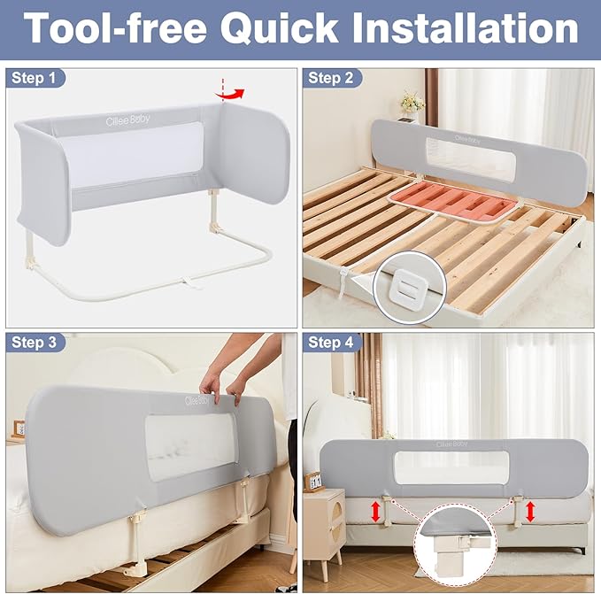Ciilee Baby Bed Rail for Toddlers Extra Large 72.83" L Kids Rails Guard for Twin, Full, Queen, King Bed Adjustable Children Side Railing Safety Bedrail Foldable Barandas para Camas de Niños (Grey-CubbioJoy