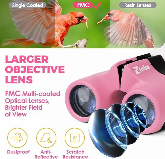 Binoculars for Kids, Toys for 3-12 Year Old Girls and Boys, Bird Watching Hiking Outdoor Learning Toy with Magnifying Glass &Compass, Birthday Easter Gifts Toys for Boy Kid Ages 3-6 (Pink)-CubbioJoy