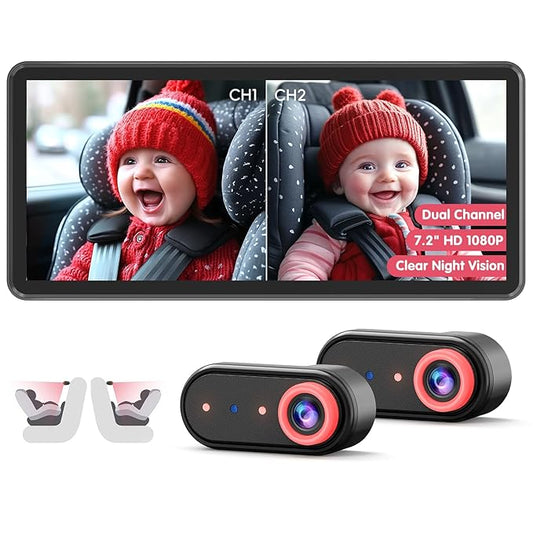 BM5PRO 7.2" Dual Camera Baby Monitor, 1080P HD Display for 2 Kids, Night Vision, Easy Install Car Baby Monitor, Ideal Gift, Rear Seat Safety for Babies & Pets-CubbioJoy