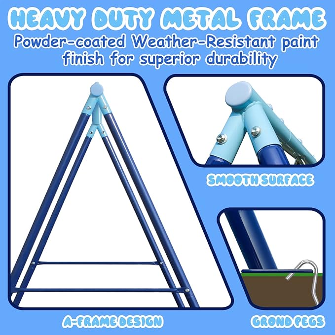 440lbs Kids Swing Set, 3-in-1 Outdoor Playground with Platform Swing, Belt Seat & 4ft Trampoline, Heavy Duty A-Frame Metal Stand & Safety Stakes, Backyard Playset for Toddlers 3-8 Years Old-CubbioJoy