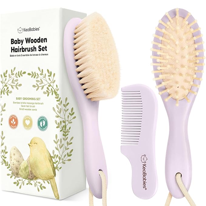 Baby Hair Brush and Comb Set for Newborn - Wooden Baby Hair Brush Set with Soft Goat Bristle, Baby Brush Set for Newborns, Baby Brush and Comb Set Girl, Boy, Toddler Cradle Cap Brush (Oval, Thistle)-CubbioJoy