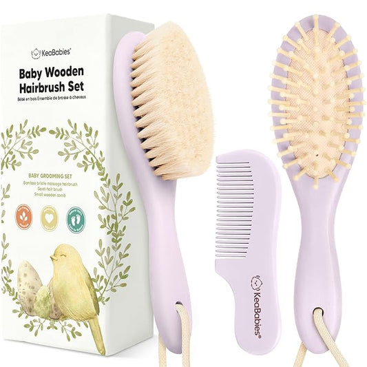 Baby Hair Brush and Comb Set for Newborn - Wooden Baby Hair Brush Set with Soft Goat Bristle, Baby Brush Set for Newborns, Baby Brush and Comb Set Girl, Boy, Toddler Cradle Cap Brush (Oval, Thistle)-CubbioJoy