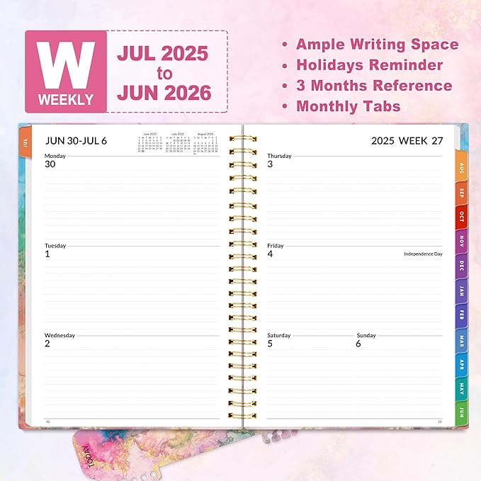 SUNEE Academic Planner 2025-2026 Weekly and Monthly - from July 2025 to June 2026, 6.4"x8.3" School Year Calendar Daily Planner with Monthly Tab, Flexible Cover, Note Pages, Spiral Binding, Marble-CubbioJoy