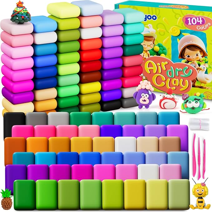 Air Dry Clay 104 Colors, Modeling Clay for Kids, DIY Model Magic Clay, Soft and Non-Sticky, Colorful Clay Starter kit with Accessories and Tools, Great Arts & Crafts Gift for Girls Boys Kids.-CubbioJoy