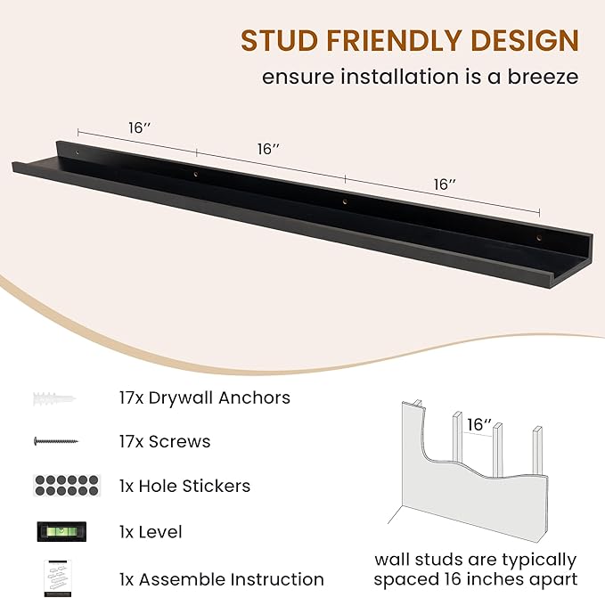 Axeman Picture Ledge Shelf, Floating Shelves for Wall Decor Storage Set of 6, 55 inch Floating Wall Mounted Shelves, Wall Shelves with Lip for Living Room, Bedroom, Nursery, Bathroom, Kitchen, Black-CubbioJoy