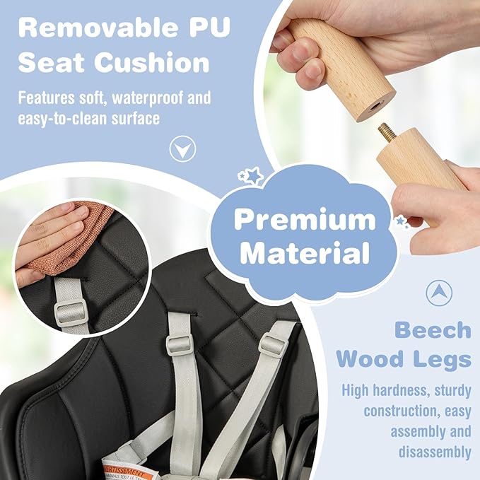 BABY JOY Baby High Chair, 6 in 1 Convertible Wooden High Chair for Babies & Toddlers with Adjustable Legs, Double Removable Tray, Safety Harness & Waterproof PU Cushion (Black)-CubbioJoy