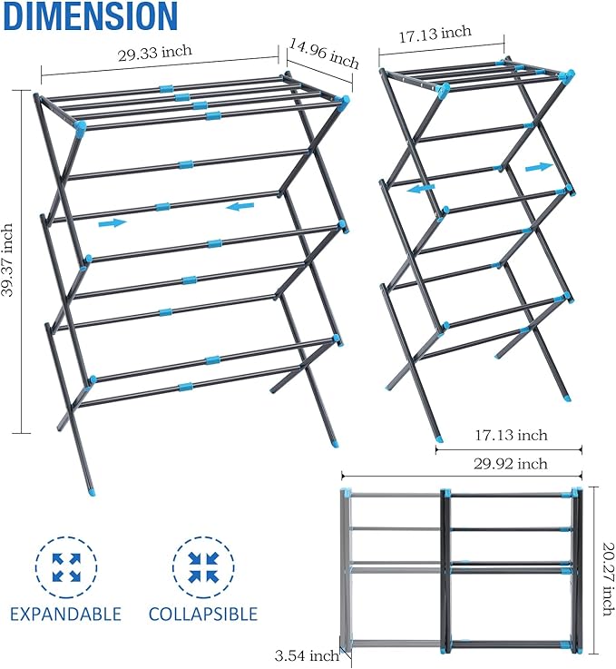 APEXCHASER Clothes Drying Rack, 3-Tier Laundry Drying Rack for Clothes, Expandable Metal Clothing Dryer, Collapsible Towel Rack, Air Drying Rack, Graphite-CubbioJoy