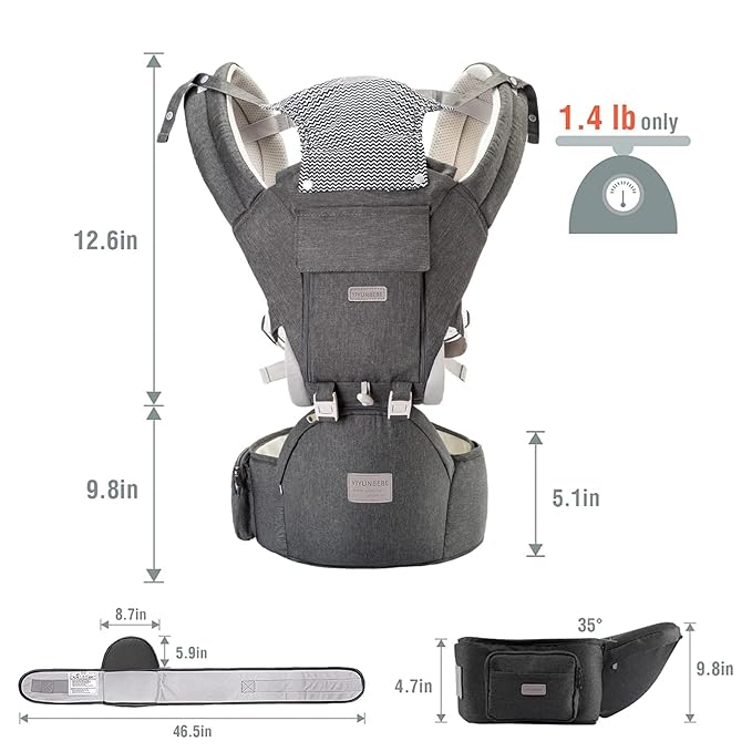 Baby Carrier, 3-in-1 Baby Carrier Newborn to Toddler with Hip Seat (Ergonomic M Position) for 0-36 Month/7-45lbs, Adjustable Size for Enhanced Lumbar Support, Perfect for On-The-go, Grey-CubbioJoy