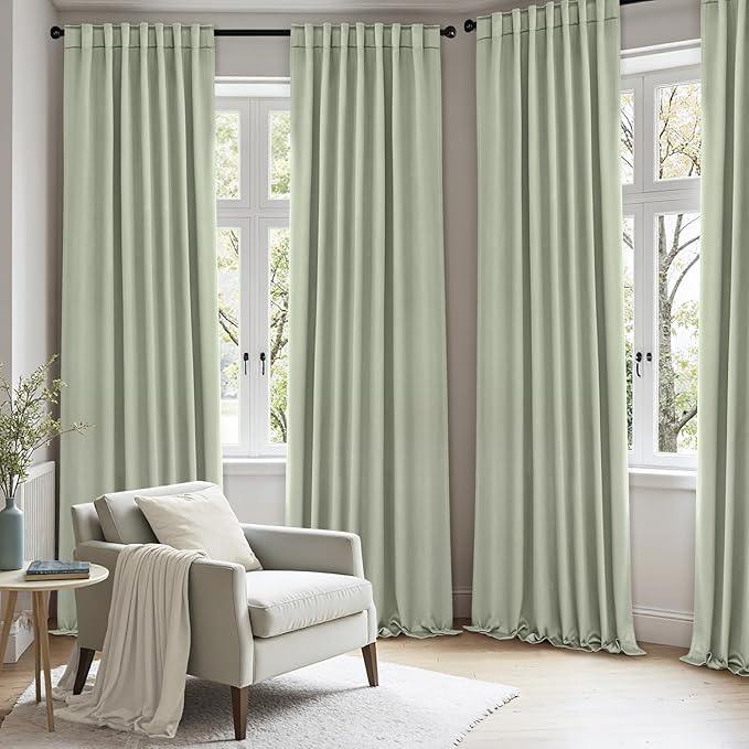 ANRODUO Back Tab Blackout Curtains for Bedroom Living Room, Rod Pocket Pinch Pleated Thermal Insulated Room Darkening Curtains 92 Inches Long 2 Panels, Sage Green, 42 x 92 Inch-CubbioJoy