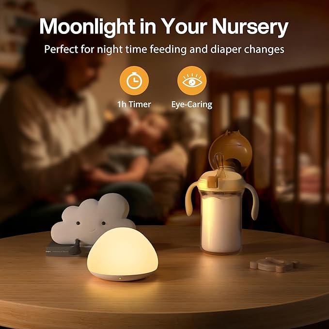 JolyWell Baby Night Light for Nursery, Soft Silicone Tap Control Night Lamp with 8 Color Changing, Stepless Dimming, Rechargeable Portable Night Light for Kids, 1H-Timer, Warm Light for Breastfeeding-CubbioJoy