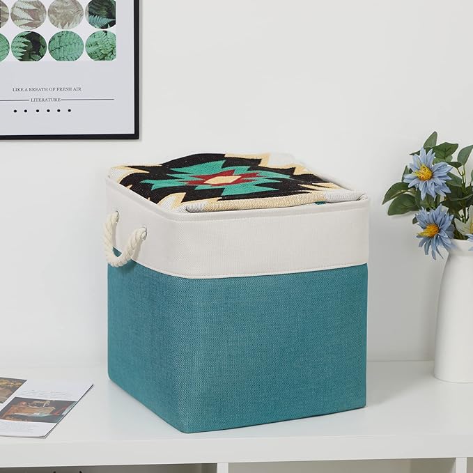 Bidtakay Fabric Baskets for Closets Shelves Lined Set of 3 Large Square Collapsible Storage Bins for Organizing 13 X 13 Cube Storage Bins for Pantry Organization Storage(Teal Blue)-CubbioJoy