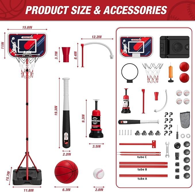 4 in 1 Kids Basketball Hoop and Tball Set for Toddlers 3-5, Adjustable Hanging Tee Ball Stand with Automatic Baseball Pitching Machine, Indoor Outdoor Sport Toys Birthday Gifts for Boys Girls-CubbioJoy