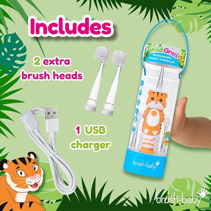 brush-baby WildOnes™ Rechargeable Kids Electric Toothbrush – Toby Tiger | Flashing Lights, 2-Min Timer, Waterproof, 3 Brush Heads | Toddler & Child Toothbrush Ages 0-10 | Soft Bristles-CubbioJoy