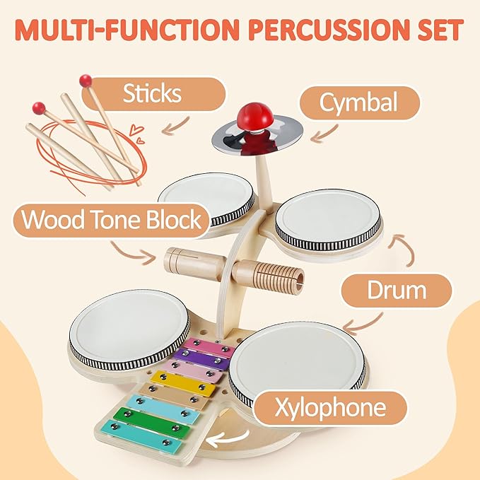 iPlay, iLearn Toddler Wooden Drum Set, Kids Musical Instruments Toy, 8 in 1 Percussion Drum Kit W/Xylophone Cymbal, Baby Montessori Learning Birthday Gifts for 18 Month, 2 3 4 5 6 Year Old Boy Girl-CubbioJoy