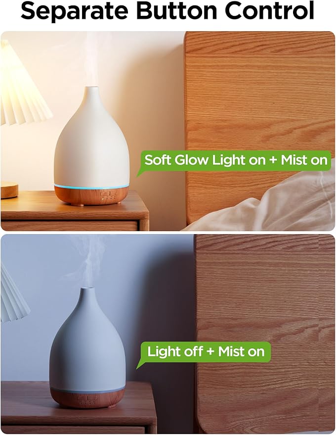 InnoGear Oil Diffuser, 300ML Ceramic Diffuser for Essential Oils Handcrafted Aromatherapy Diffuser Ultrasonic Cool Mist Humidifier with 4 Timers Waterless Auto Off for Room Office, White-CubbioJoy