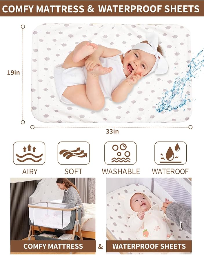 Baby Bassinet Bedside Sleeper - 3 in 1 Bassinets with Waterproof Sheets, Soft Mattress and Breathable Mesh, Adjustable Height Bedside Bassinet for Baby with Wheels, Storage Basket, Gray-CubbioJoy