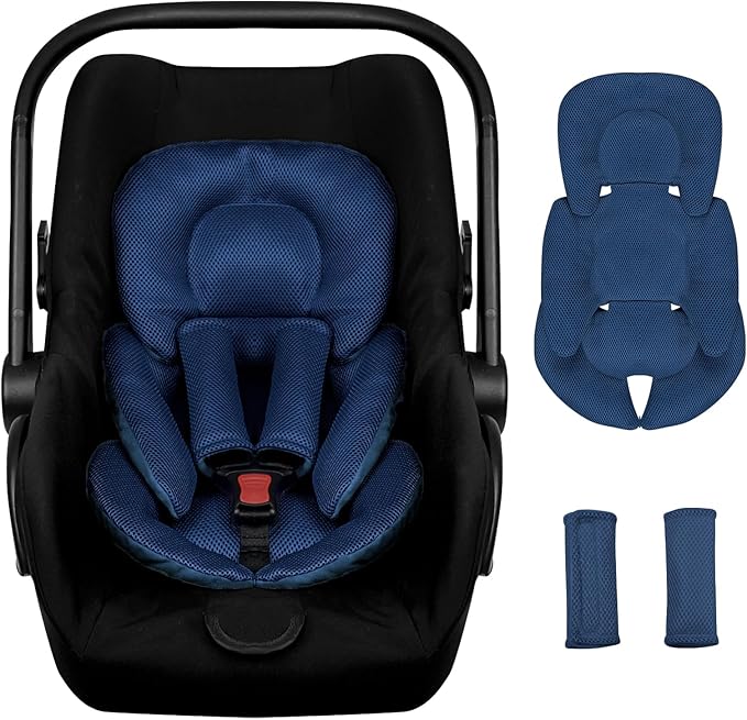 Infant Car Seat Insert for Newborn Girls Boys, Summer Mesh Baby Carseat Head Support with Strap Pads, Soft Reversible Baby Car Seat Insert Cushion Pad for Car Seat, Stroller, Bouncer, Swing, Blue-CubbioJoy
