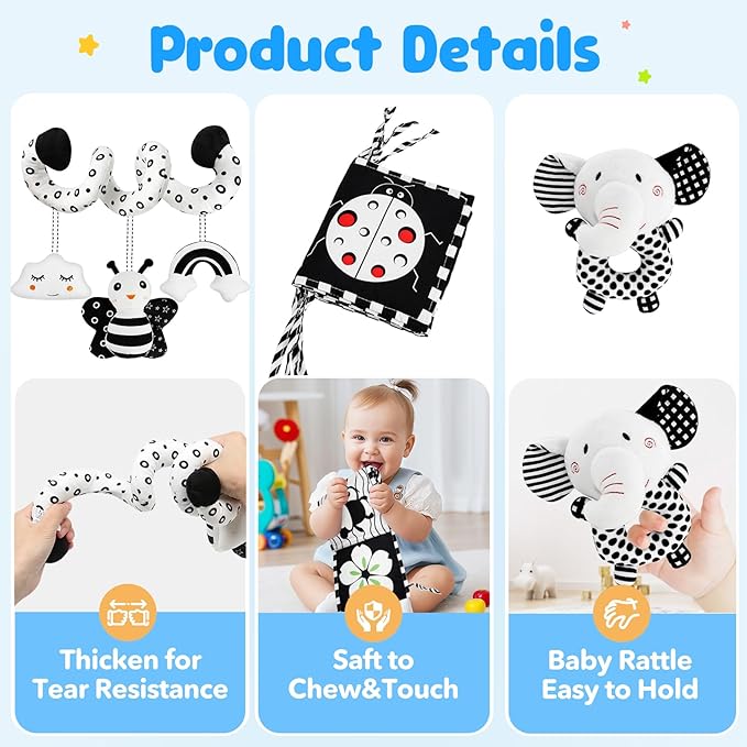 Car Seat Toys for Babies 0-6 Months,Hanging Rattle Toys for Crib Mobile, Baby Spiral Hanging Stroller Black and White High Contrast Toys for Newborn 0 3 6 9 12 Months Baby Boys Girls (Set-1)-CubbioJoy