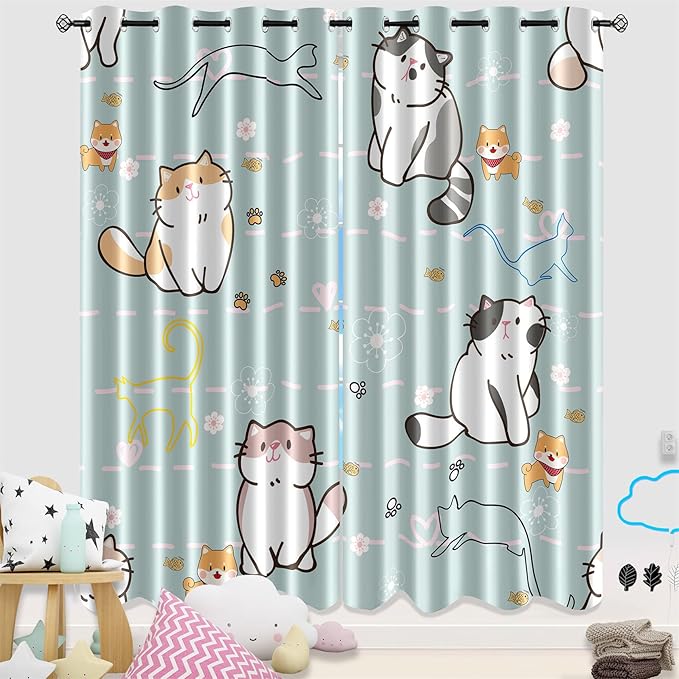 Cartoon Cat Blackout Curtains for Girls Room - Grommets Top, Animal Themed, Thermal Insulated Panels for Bedroom, Nursery Decor, 82 in x 84 in-CubbioJoy