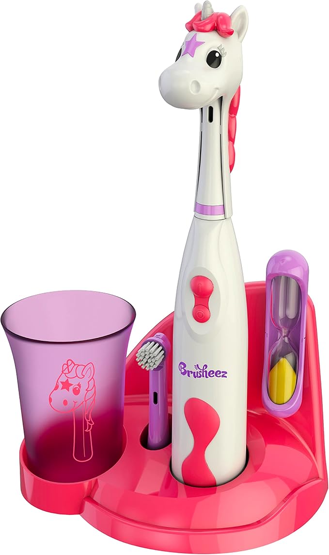 Brusheez Kids’ Electric Toothbrush Set - Safe & Effective for Ages 3+ - Parent Tested & Approved with Gentle Bristles, 2 Brush Heads, Rinse Cup, 2-Minute Timer, & Storage Base (Sparkle The Unicorn)-CubbioJoy