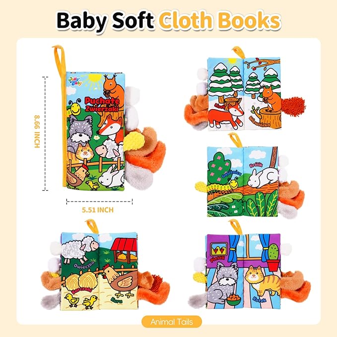 Jollybaby Baby Cloth Books, Touch & Feel Crinkle Soft Books, for Infants Babies, Toddler Early Educational Interactive Stroller Toys, Baby Girl & Boy Gift(Plush Tails)-CubbioJoy