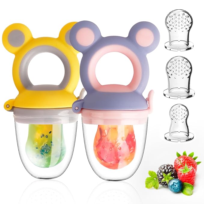 Baby Solids/Frozen Fruit Feeder Pacifier, Infant Teether Toy 4M+, BPA-Free Silicone Pouch & Nipple, Safely Introduce Solids, Teething Relief, 2-Pack - Yellow/Purple (Mouse)-CubbioJoy
