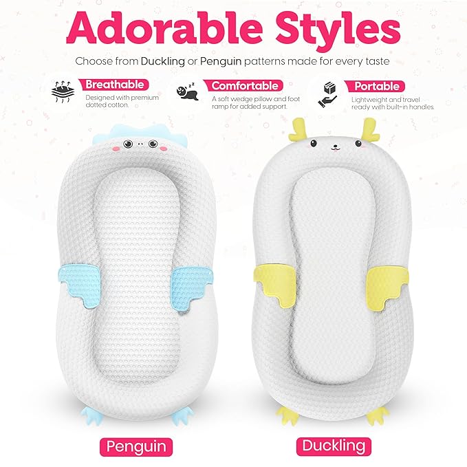 Baby Lounger for Newborn & Infant – Penguin Cozy | Quilted-Padding Center, Adjustable Safety Strap, 100% Cotton Cover, Washable Portable Infant Support Cushion by Sprinta-CubbioJoy