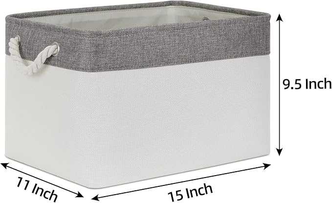 Bidtakay White Baskets with Cotton Rope Handles Decorative Storage Bins [3-pack] Fabric Bins for Organization Linen Closet Shelf Storage Baskets for Clothes Toys Towels 15 X 11 X 9.5 Inches-CubbioJoy