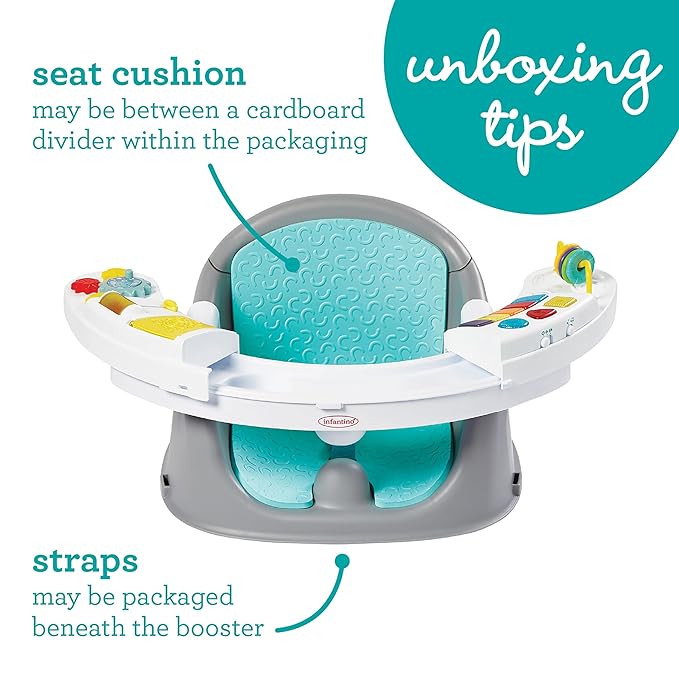 Infantino Music & Lights 3-in-1 Discovery Seat & Booster, Toddler Booster Seat for Dining Table or Kitchen Chair, Baby Activity Center & Snack Tray, Teal-CubbioJoy