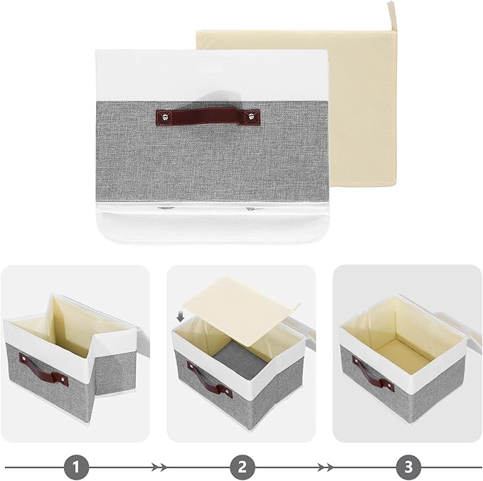 ANMINY Storage Boxes with Lids Washable Decorative Storage Bins Basket with PU Leather Handle Foldable Linen Fabric Storage Cubes Containers for Home Closet Organizer - Gray White, Small Size-CubbioJoy