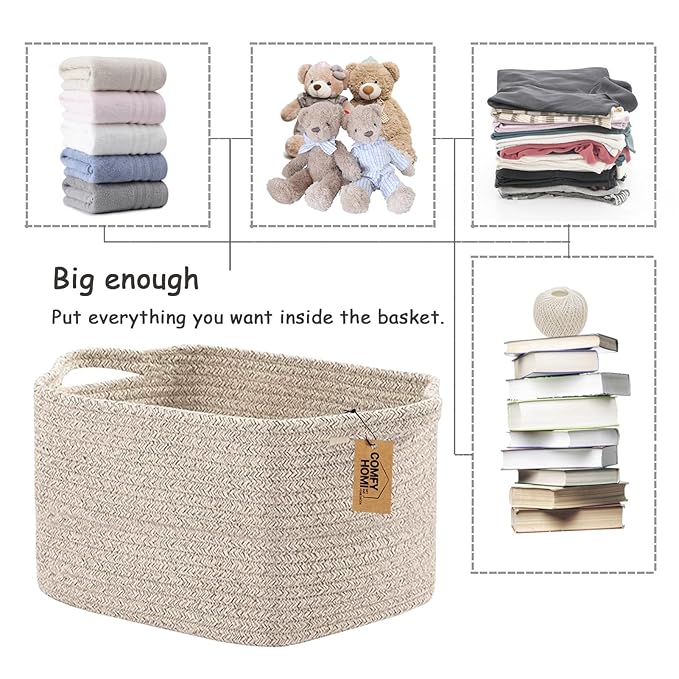 COMFY-HOMI Storage Basket for Shelves, Woven Baskets for Storage, Cotton Rope Basket for Toys,Towel Baskets, Toy Storage Organizer, Storage Cube Bin, Organization and Storage-All Brown-CubbioJoy