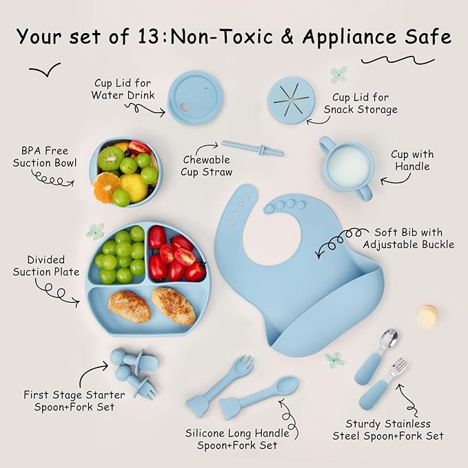 Baby Silicone Feeding Set, 13PCS Baby Self Feeding Set, Toddler Led Weaning Utensils Sets with Suction Bowl and Plate, 3 Set of Baby Spoons and Forks, Adjustable Bid, Sippy Cup with Straw and 2 Lids-CubbioJoy