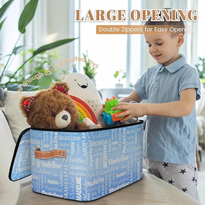 Custom Storage Basket with Name, Personalized Storage Bins with Zipper Lid, Foldable Fabric Storage Box Large capacity with Handle Blue-CubbioJoy