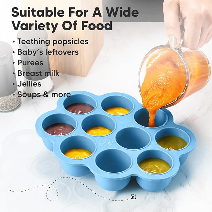 KeaBabies Silicone Food Freezer Trays with Lid, 2oz x 10 Pods Baby Food Storage Containers, Easy Puree Meal Prep, Breast Milk Silicone Freezer Molds, Dishwasher, Microwave Safe, BPA-Free (Misty Blue)-CubbioJoy