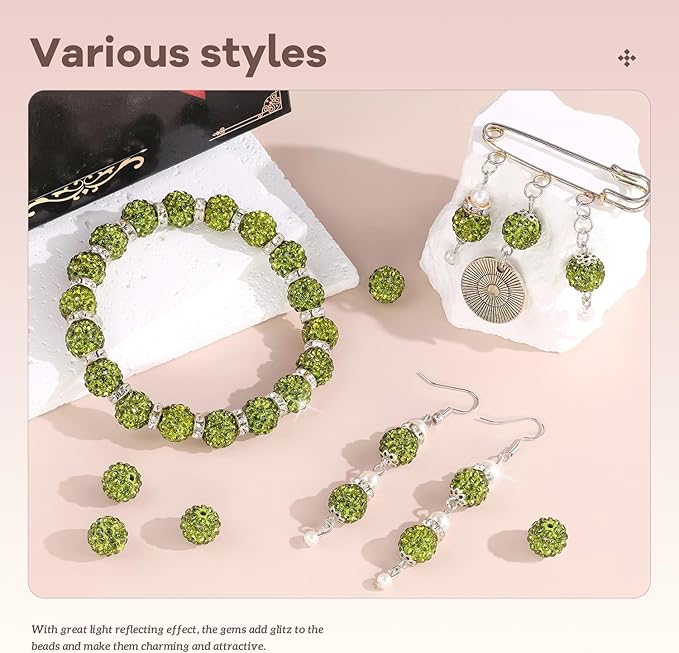 160pcs 10mm Rhinestone Beads for Jewelry Making, Olivine Shiny Round Disco Ball Beads Bulk, Sparkle Crystal Clay Christmas for Bracelet Baseball Necklace Earring Crafting and DIY-CubbioJoy