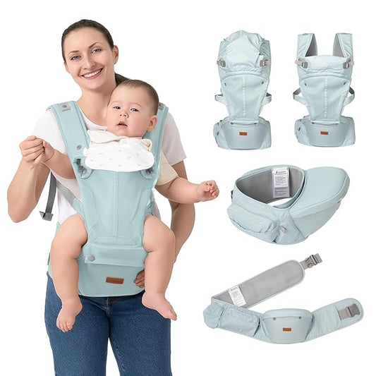 BabbleRoo Grow Carrier – Safety-Certified 6-in-1 Baby Carrier with Hip Seat, Ergonomic & Adjustable Toddler Carrier 7-50 lbs with Hip Support, Hood for Sun Protection, Newborn to Toddler, Seafoam-CubbioJoy
