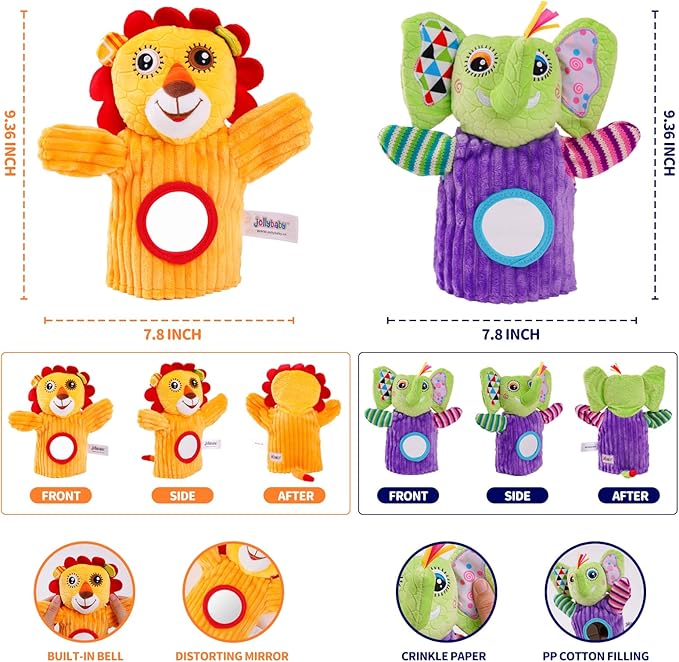 Jollybaby Hand Puppets Baby Toy 0-6-12 Months, Plush Stuffed Animal Hand Puppets Toys for Kids，Sensory Doll with Rattle and Mirror for Toddler，Social Emotional Play Therapy Toys for Boy Girl Gift-CubbioJoy