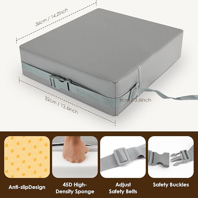 Booster Seat for Kitchen Chair with Comfy Backrest Pillow and Adjustable Safety Buckles,Non-Slip Kid Toddler Booster Seat for Dining Table, PU Travel Baby Booster Cushion Chair-CubbioJoy