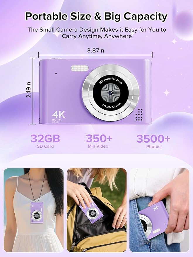 Digital Camera, 44MP Full HD 1080P Point and Shoot Camera with 64GB Card, Anti Shake 16X Zoom Compact Volg Cameras, Portable Small Digicam Gift for Kids, Ages Teen Girl Boy - Purple-CubbioJoy