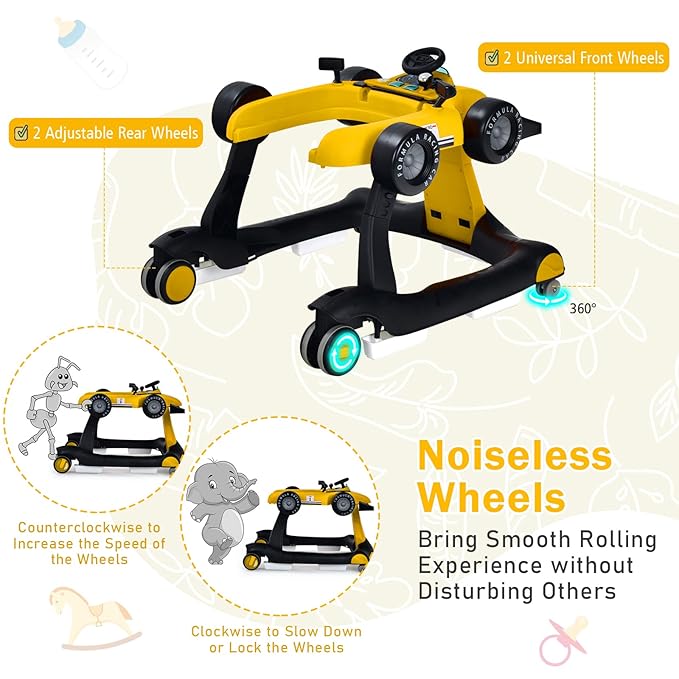 BABY JOY 4-in-1 Baby Walker, Foldable Activity Walker with Adjustable Height & Speed, Music, Lights, Anti-Rollover, Toddler Push Walker, Baby Walker with Wheels for Boys Girls 6-18 Months (Yellow)-CubbioJoy