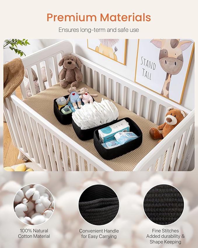 KALLAX Small Woven Basket, 12 x 8 x 4.5 Inches, Storage Basket for Organizing, Cute Small Rope Shelf Closet Cube Storage Bins Baskets for Shelves, Dog Toy Gift Baskets Empty, 3 Packs, Black-CubbioJoy