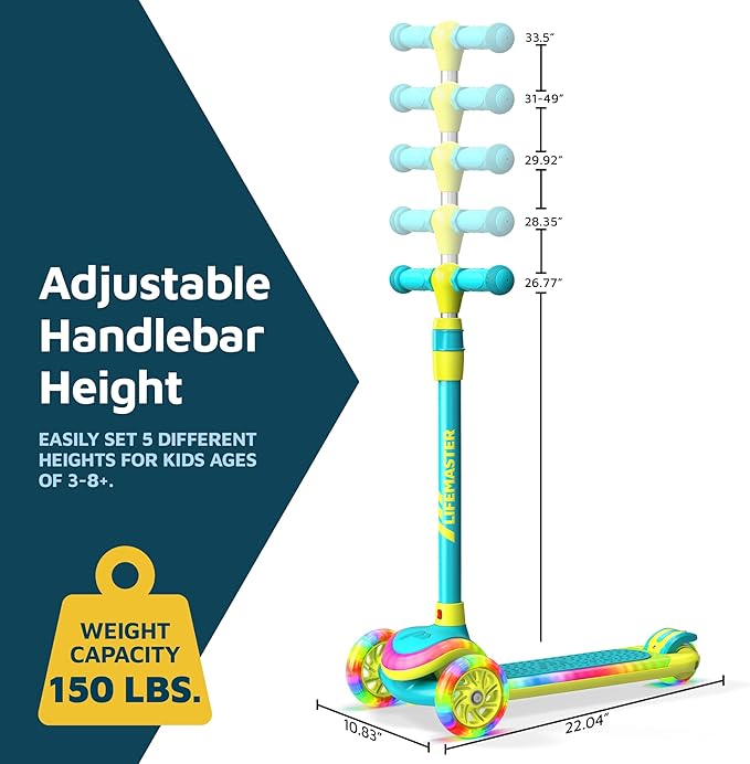 3-Wheel Kids Scooter with Multi-Color Lights on Deck & Wheels – 5-Height Adjustable Handlebar, Wide Anti-Slip Deck, Child Safety Certified, Boys & Girls Ages 3+ Supports Up to 150 lbs-CubbioJoy