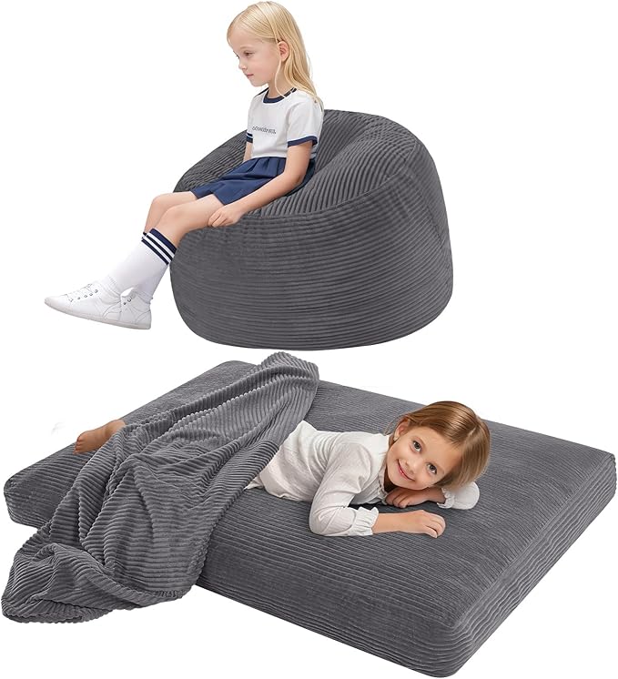 COMAX Kids Bean Bag Chair Turn into Beanbag Bed, Toddler Bean Chair Corduroy for Girl Boy Sleeping, Lazy Children Bean Bags with Filler, Convertible Child Floor Mattress, Charcoal-CubbioJoy