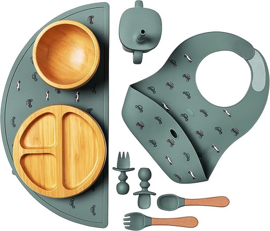 Bamboo Baby Feeding Set for Infants & Toddlers - Baby Essentials, Non-Toxic, Sustainable, Bamboo Suction Plate & Bowl, Bib, Sippy Cup w/Lid & Straw, Perfect Baby Shower Gifts (Pine Gray)-CubbioJoy
