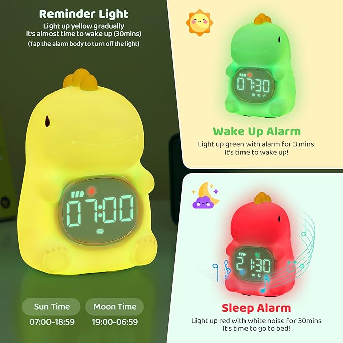 Dinosaurs Alarm Clock with Night Light for Kids with Sleep Training and Sound Machine, Rechargeable Silicone Lamp OK to Wake Clock，Cute Animal Tabletop Lamp, Perfect Sleep Companion for Boys Girls-CubbioJoy