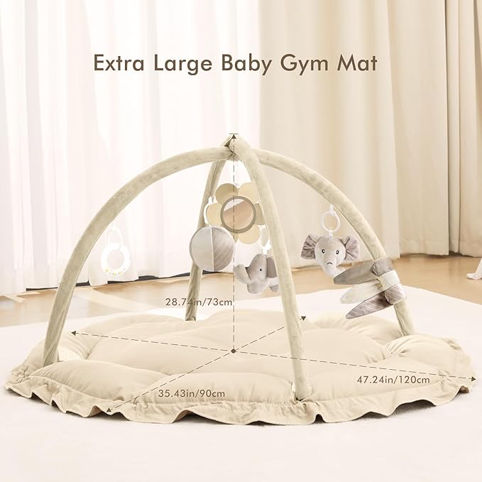 ANGELBLISS 5 in 1 Baby Play Gym Mat, Reversible Tummy Time Mat with 5 Sensory Toys for Stage-Based Developmental, Thick & Large Baby Activity Center from Newborn to Toddler (Khaki)-CubbioJoy